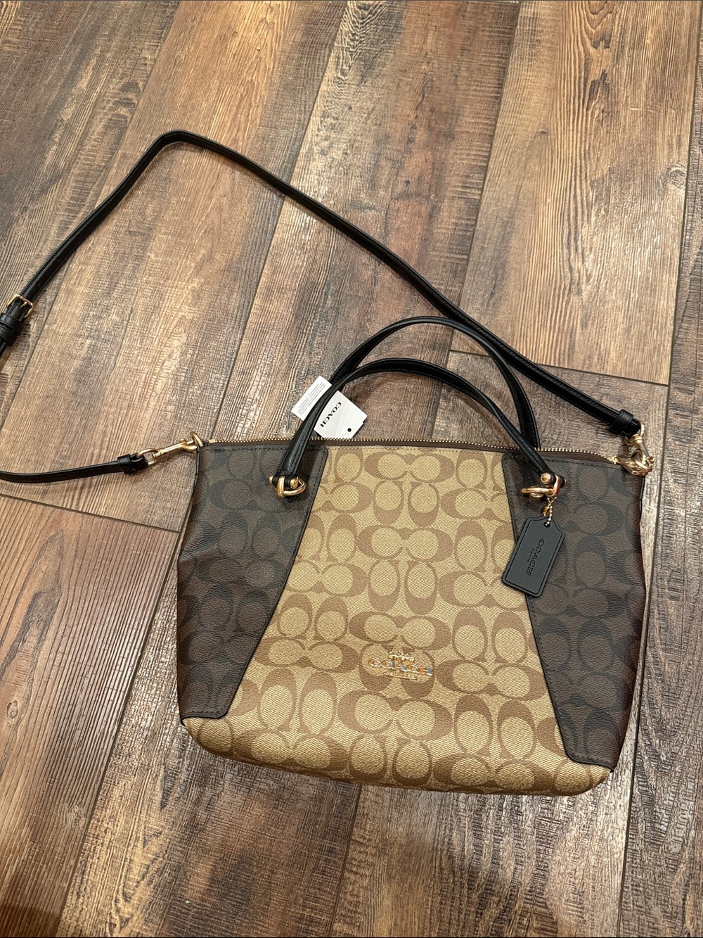 Coach Brown Signature Canvas Shoulder Bag with Black Straps - Picture 2 of 5
